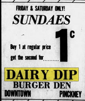 Dairy Dip Drive-In (Dairy Dip Burger Den) - Aug 1972 Ad 1 Cent Sundaes